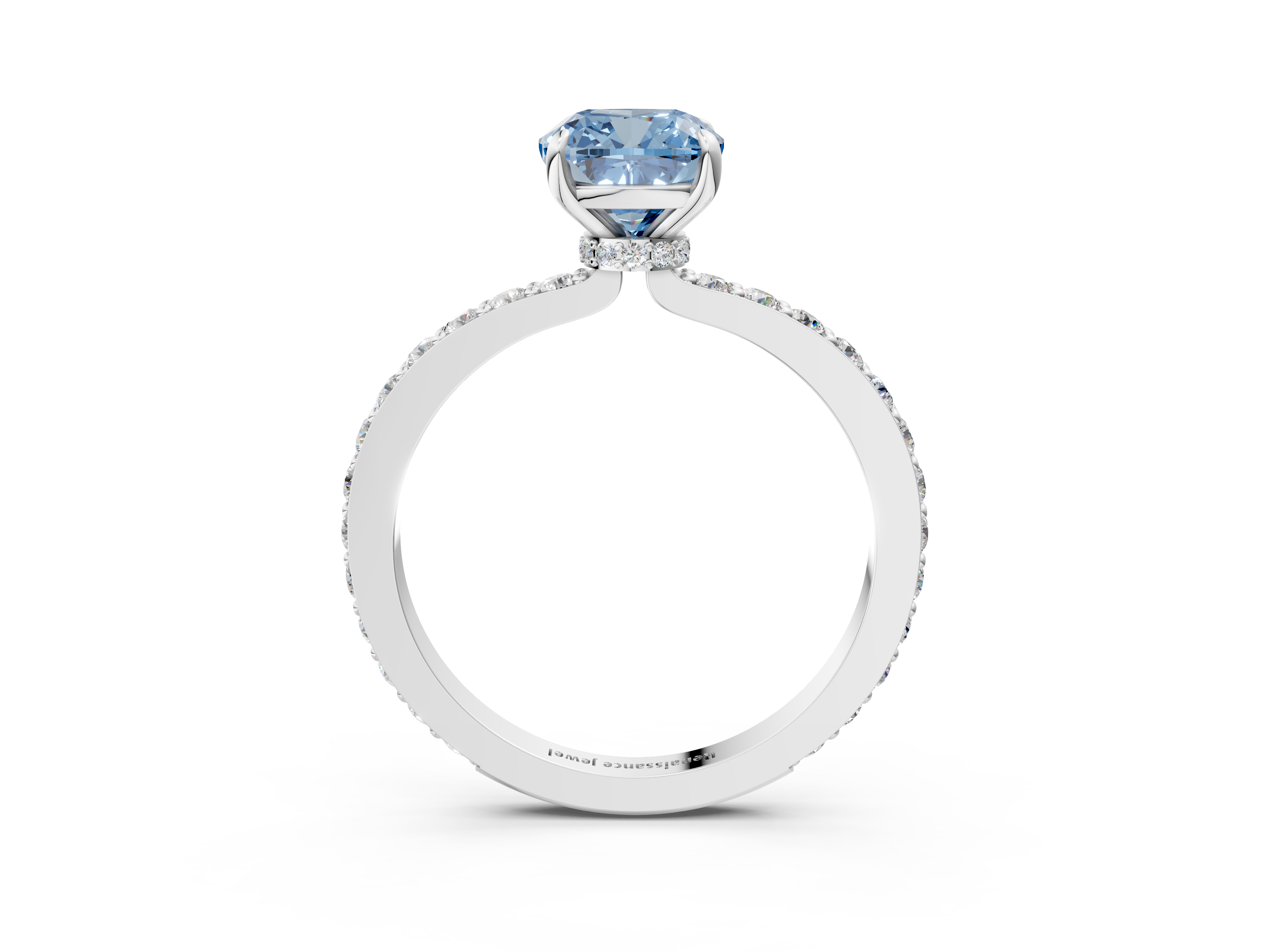 White gold Fancy Blue Cushion  Cut Diamond Ring with Pavé Band and Four-Prong Setting_70
