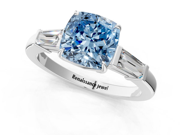 Platinum Fancy Blue Cushion  Cut Diamond Ring with Tapered Baguette Side Stones in Four-Prong Setting