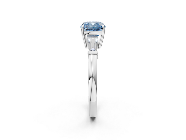 Platinum Fancy Blue Cushion  Cut Diamond Ring with Tapered Baguette Side Stones in Four-Prong Setting
