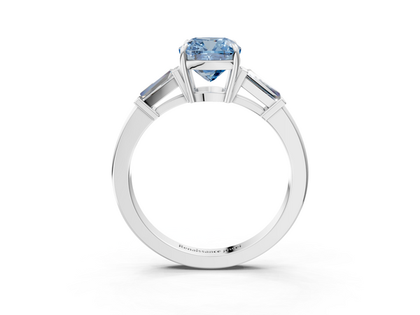 Platinum Fancy Blue Cushion  Cut Diamond Ring with Tapered Baguette Side Stones in Four-Prong Setting