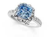 White gold Fancy Blue Cushion Cut Diamond Scalloped Halo Engagement Ring with Round Shared Prong Band_13