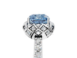 White gold Fancy Blue Cushion Cut Diamond Scalloped Halo Engagement Ring with Round Shared Prong Band_17