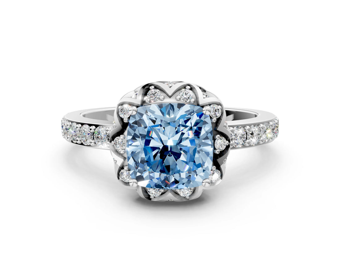 White gold Fancy Blue Cushion Cut Diamond Scalloped Halo Engagement Ring with Round Shared Prong Band_36