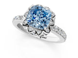 White gold Fancy Blue Cushion Cut Diamond Scalloped Halo Engagement Ring with Round Shared Prong Band_37