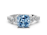 White gold Fancy Blue Cushion Cut Diamond Scattered Round Accent Ring with Prong Setting_13