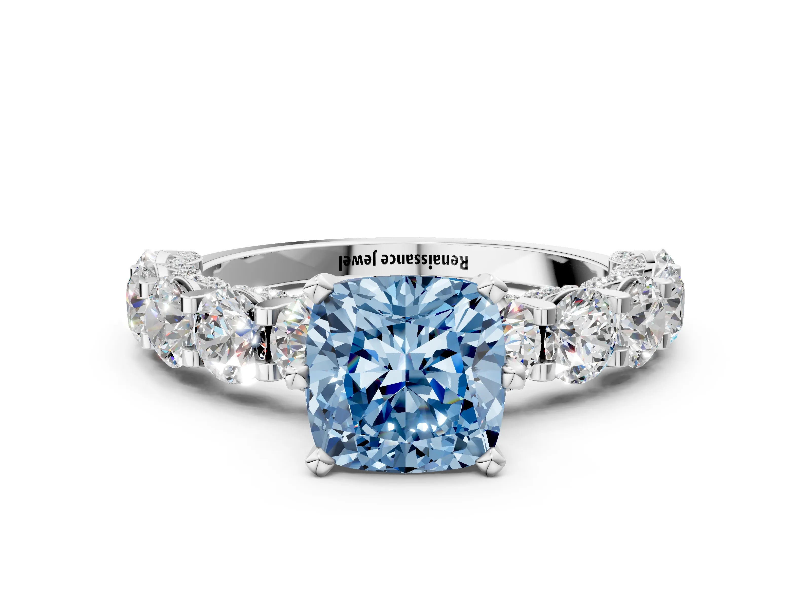 White gold Fancy Blue Cushion Cut Diamond Side Stone Engagement Ring with Four-Prong Setting_24