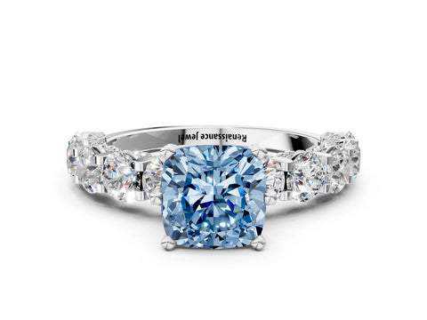 White gold Fancy Blue Cushion Cut Diamond Side Stone Engagement Ring with Four-Prong Setting_24