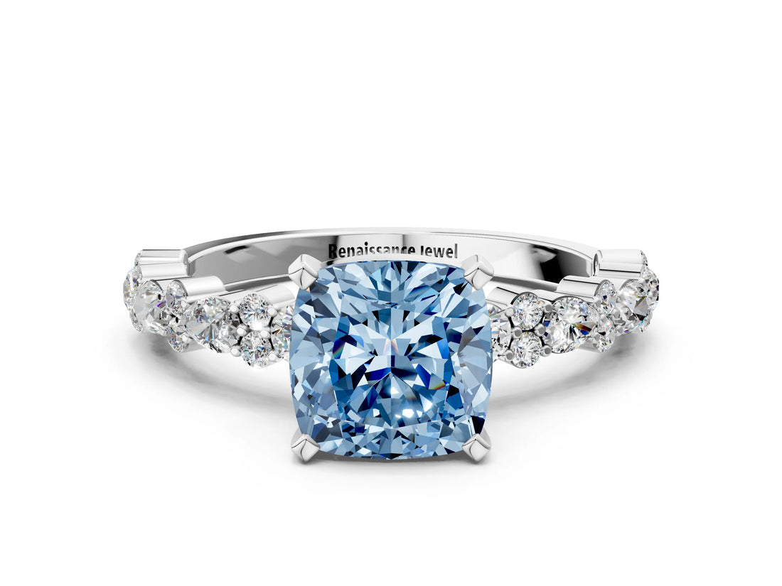 White gold Fancy Blue Cushion Cut Diamond Side Stone Solitaire Ring with Round  and Four-Prong Setting_12