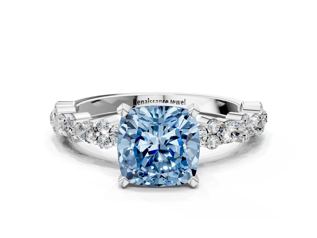 White gold Fancy Blue Cushion Cut Diamond Side Stone Solitaire Ring with Round  and Four-Prong Setting_154