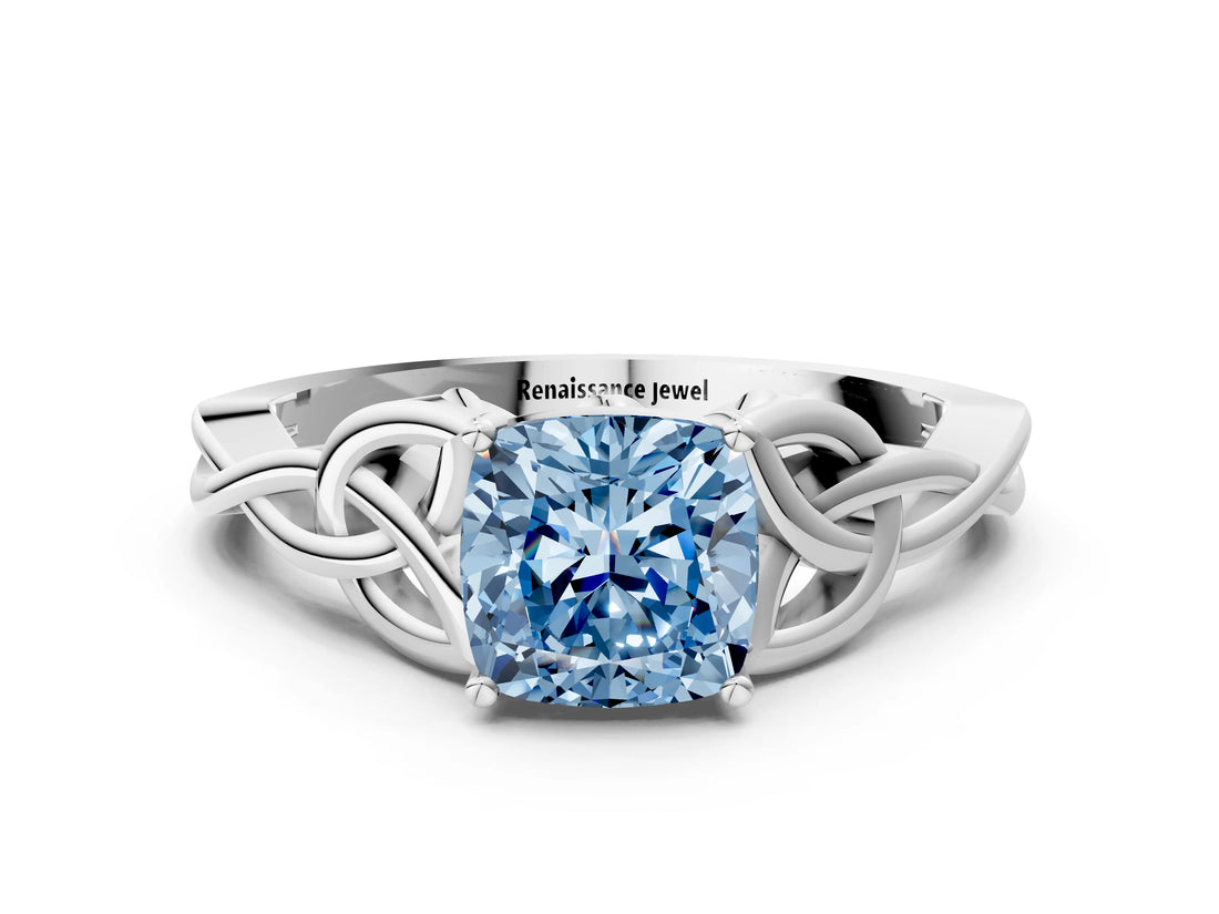 White gold Fancy Blue Cushion Cut Diamond Solitaire Celtic Knot Ring with Four-Prong Setting_83