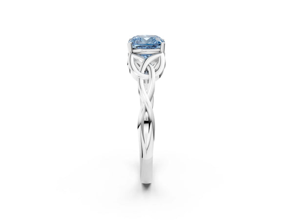 Platinum Fancy Blue Cushion Cut Diamond Solitaire Celtic Knot Ring with Four-Prong Setting