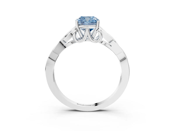 Platinum Fancy Blue Cushion Cut Diamond Solitaire Celtic Knot Ring with Four-Prong Setting