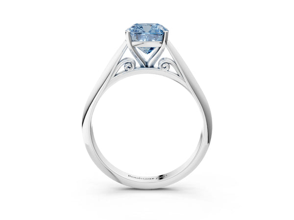 Platinum Fancy Blue Cushion Cut Diamond Solitaire Engagement Ring with Cathedral Setting and Four-Prong Mount