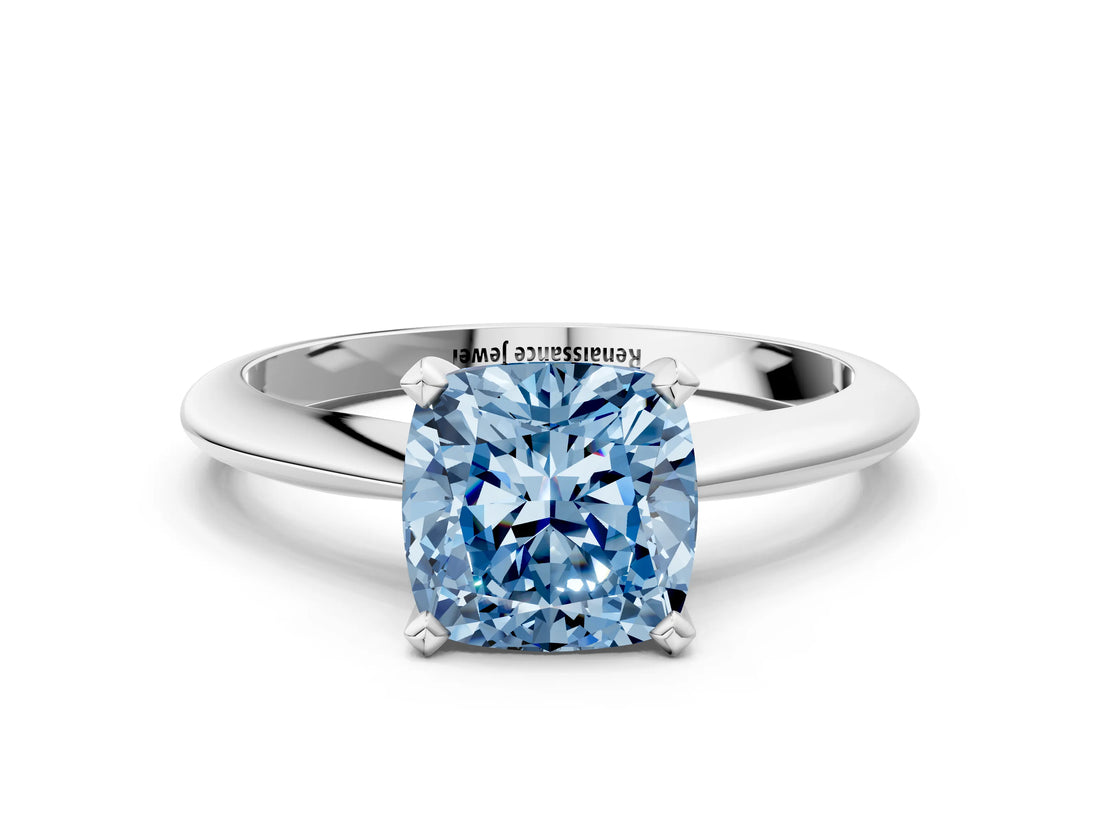 White gold Fancy Blue Cushion Cut Diamond Solitaire Engagement Ring with Classic Band and Four-Prong Setting_146