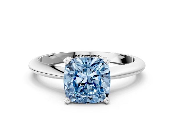 White gold Fancy Blue Cushion Cut Diamond Solitaire Engagement Ring with Classic Band and Four-Prong Setting
