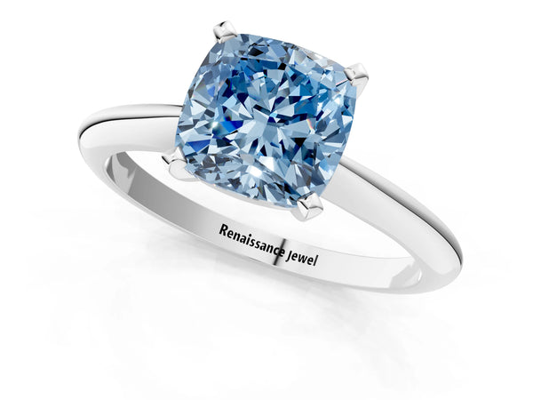 White gold Fancy Blue Cushion Cut Diamond Solitaire Engagement Ring with Classic Band and Four-Prong Setting