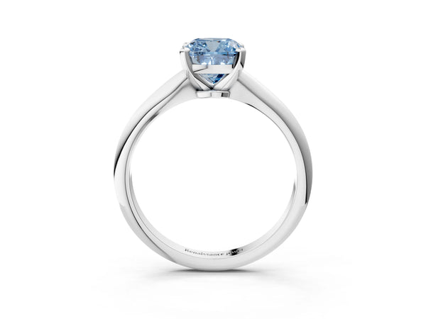 White gold Fancy Blue Cushion Cut Diamond Solitaire Engagement Ring with Classic Band and Four-Prong Setting