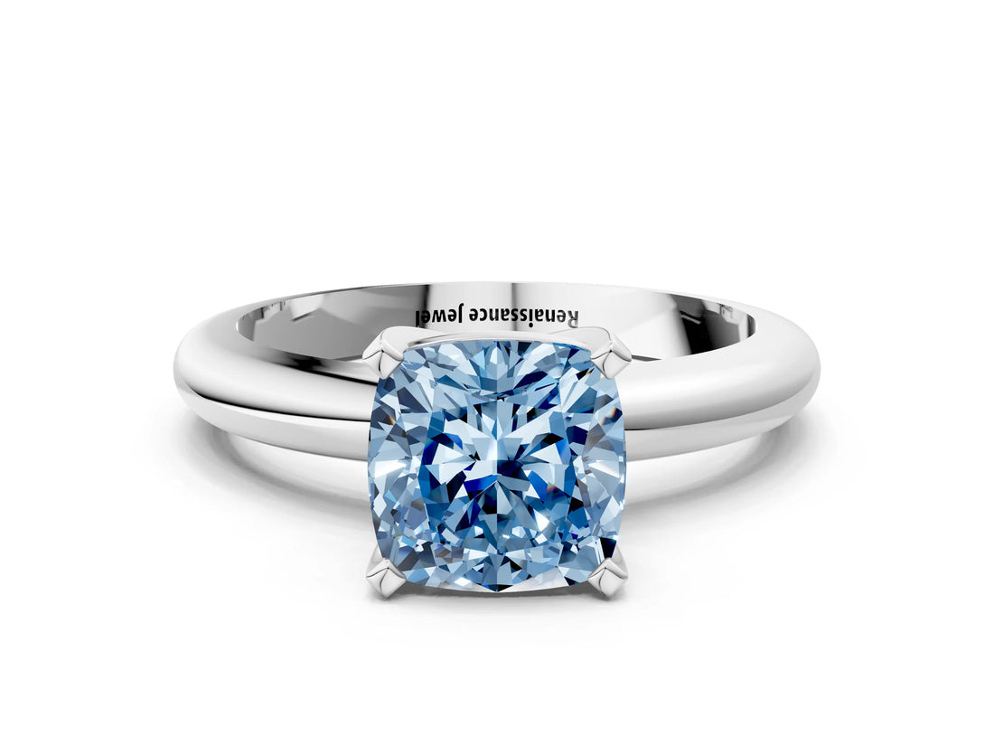 White gold Fancy Blue Cushion Cut Diamond Solitaire Engagement Ring with Round Band and Four-Prong Setting_161