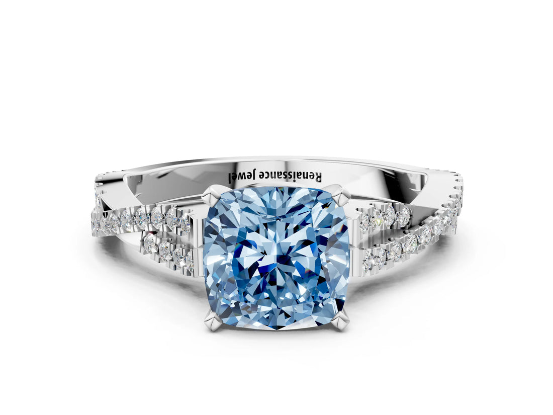 White gold Fancy Blue Cushion Cut Diamond Solitaire Engagement Ring with Twisted Pavé Band and Four-Prong Setting_92