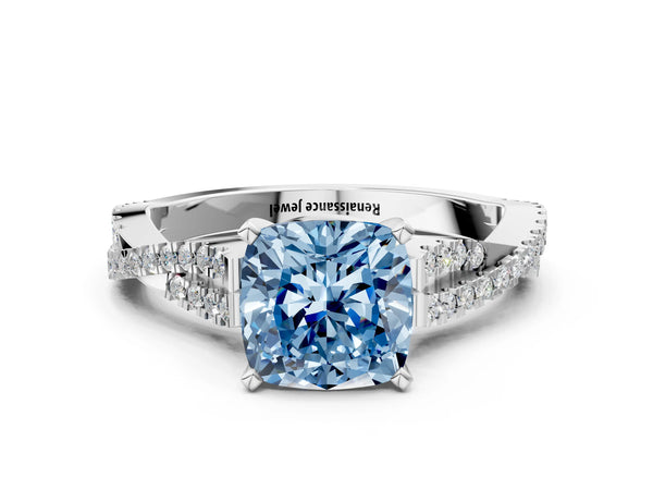 Platinum Fancy Blue Cushion Cut Diamond Solitaire Engagement Ring with Twisted Pavé Band and Four-Prong Setting