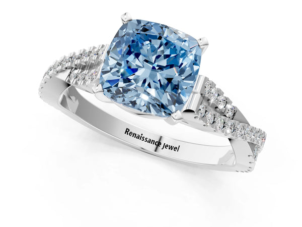 Platinum Fancy Blue Cushion Cut Diamond Solitaire Engagement Ring with Twisted Pavé Band and Four-Prong Setting