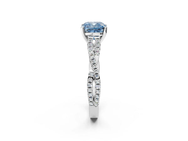 Platinum Fancy Blue Cushion Cut Diamond Solitaire Engagement Ring with Twisted Pavé Band and Four-Prong Setting