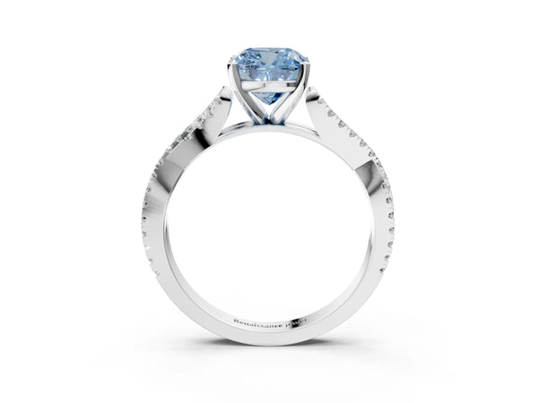 Platinum Fancy Blue Cushion Cut Diamond Solitaire Engagement Ring with Twisted Pavé Band and Four-Prong Setting