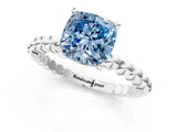 White gold Fancy Blue Cushion Cut Diamond Solitaire Ring with Beaded Band and Prong Setting_406