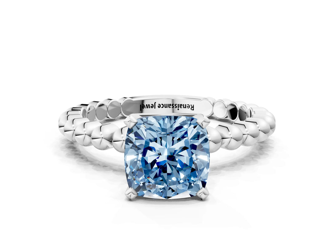 White gold Fancy Blue Cushion Cut Diamond Solitaire Ring with Beaded Band and Prong Setting_406