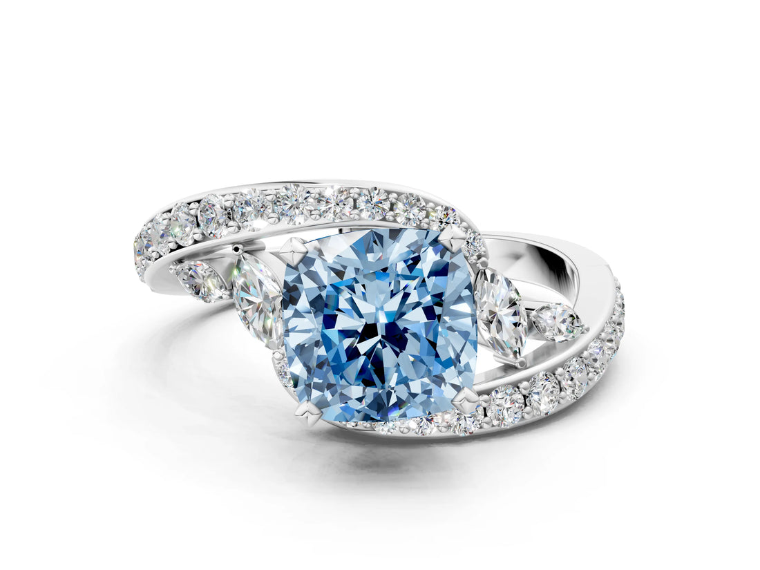 White gold Fancy Blue Cushion Cut Diamond Solitaire Ring with Filigree Band and Four-Prong Setting_109
