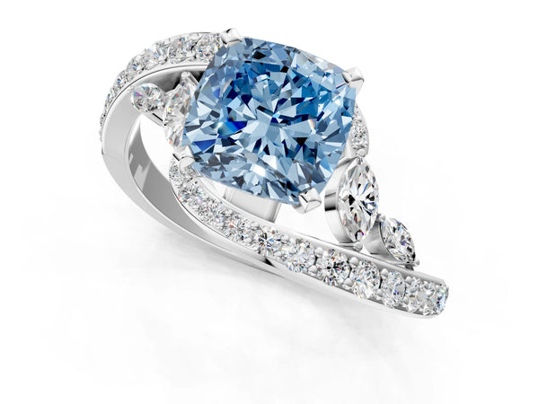 White gold Fancy Blue Cushion Cut Diamond Solitaire Ring with Filigree Band and Four-Prong Setting