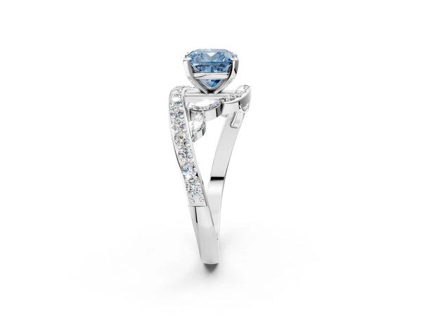 White gold Fancy Blue Cushion Cut Diamond Solitaire Ring with Filigree Band and Four-Prong Setting
