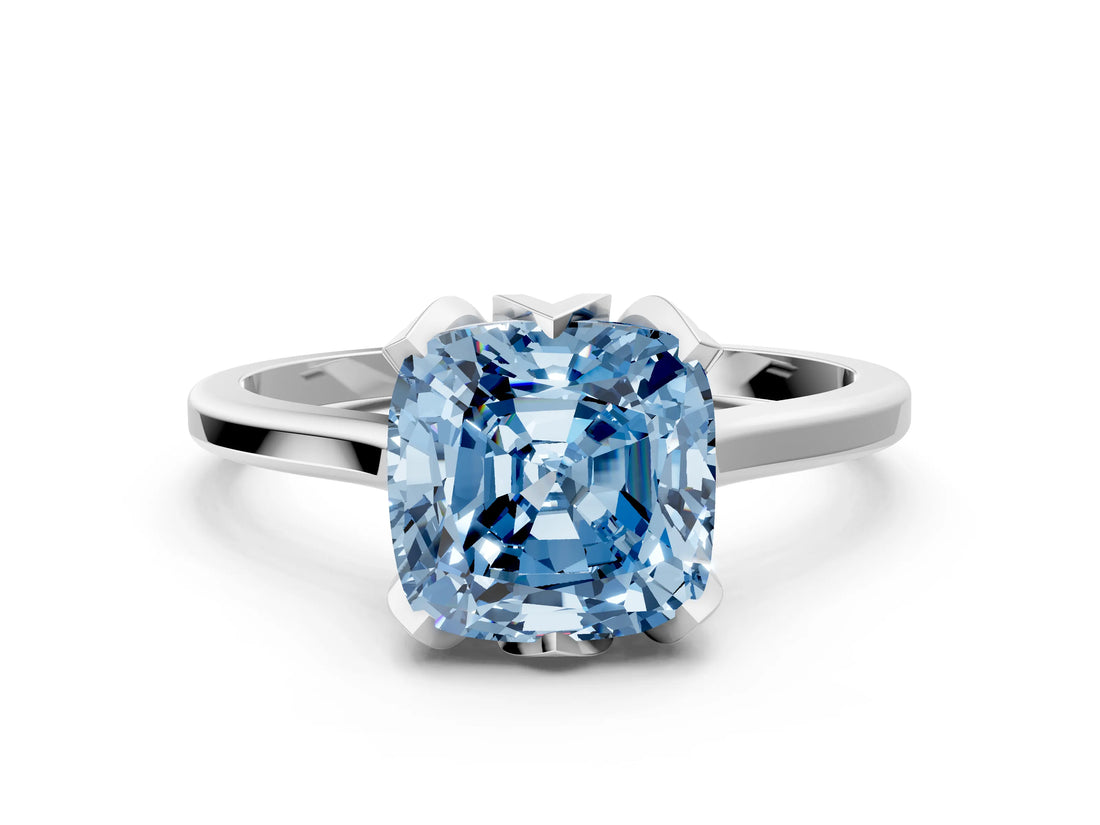White gold Fancy Blue Cushion Cut Diamond Solitaire Ring with Flower Prong Setting and Classic Band_14