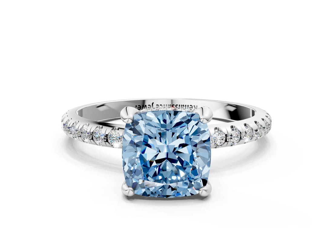 White gold Fancy Blue Cushion Cut Diamond Solitaire Ring with Four-Prong Setting and Pavé Band_3