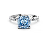 White gold Fancy Blue Cushion Cut Diamond Solitaire Ring with Four-Prong Setting and Pavé Band_3