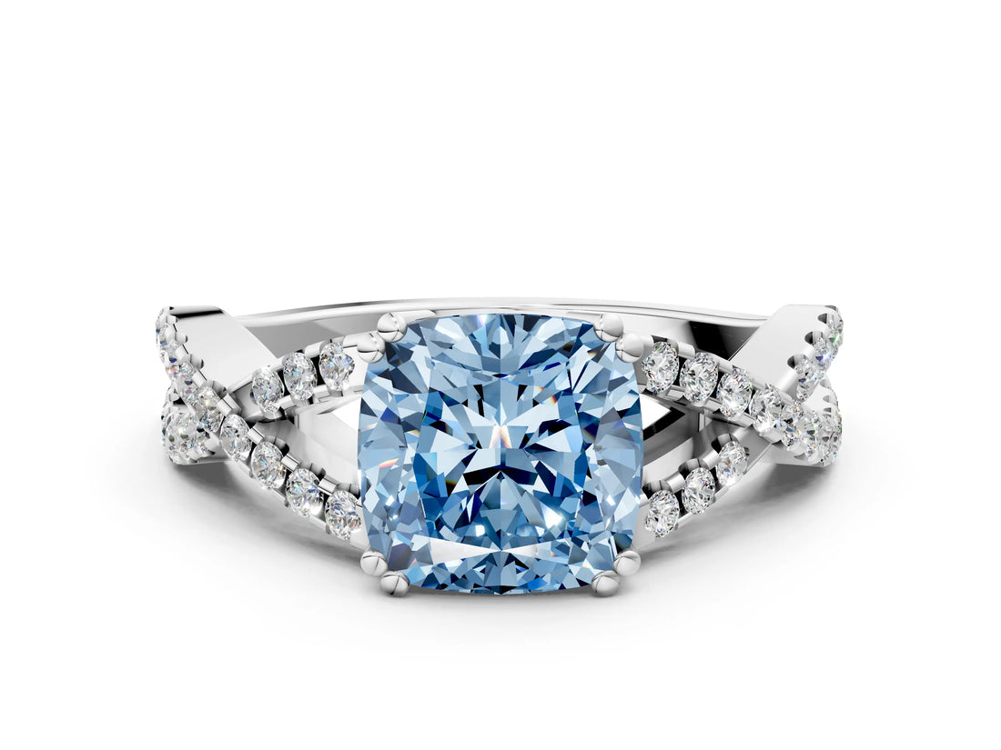 White gold Fancy Blue Cushion Cut Diamond Solitaire Ring with Four-Prong Setting and Twisted Pavé Band_51