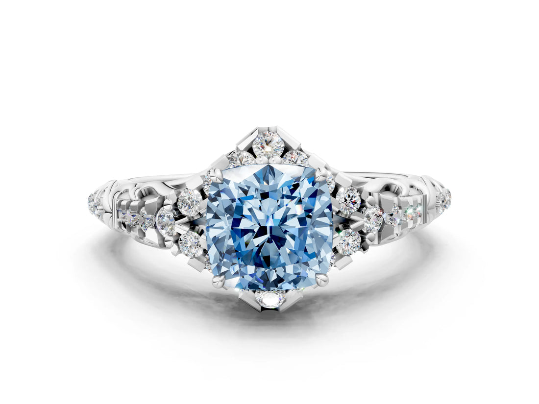 White gold Fancy Blue Cushion Cut Diamond Solitaire Ring with Hidden Halo and Pavé Band_39