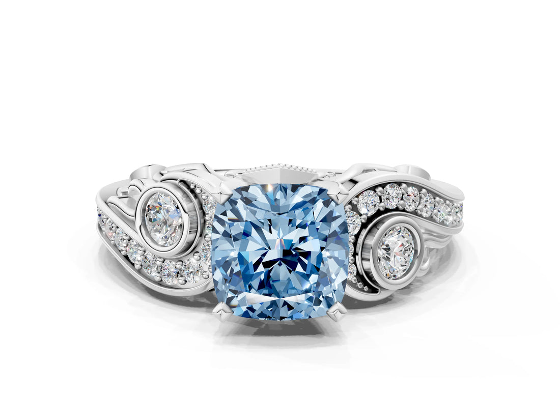 White gold Fancy Blue Cushion Cut Diamond Solitaire Ring with Milgrain Pavé Band and Four-Prong Setting_241