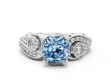 White gold Fancy Blue Cushion Cut Diamond Solitaire Ring with Milgrain Pavé Band and Four-Prong Setting_241