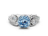 White gold Fancy Blue Cushion Cut Diamond Solitaire Ring with Milgrain Pavé Band and Four-Prong Setting_253
