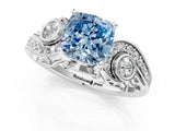 White gold Fancy Blue Cushion Cut Diamond Solitaire Ring with Milgrain Pavé Band and Four-Prong Setting_254