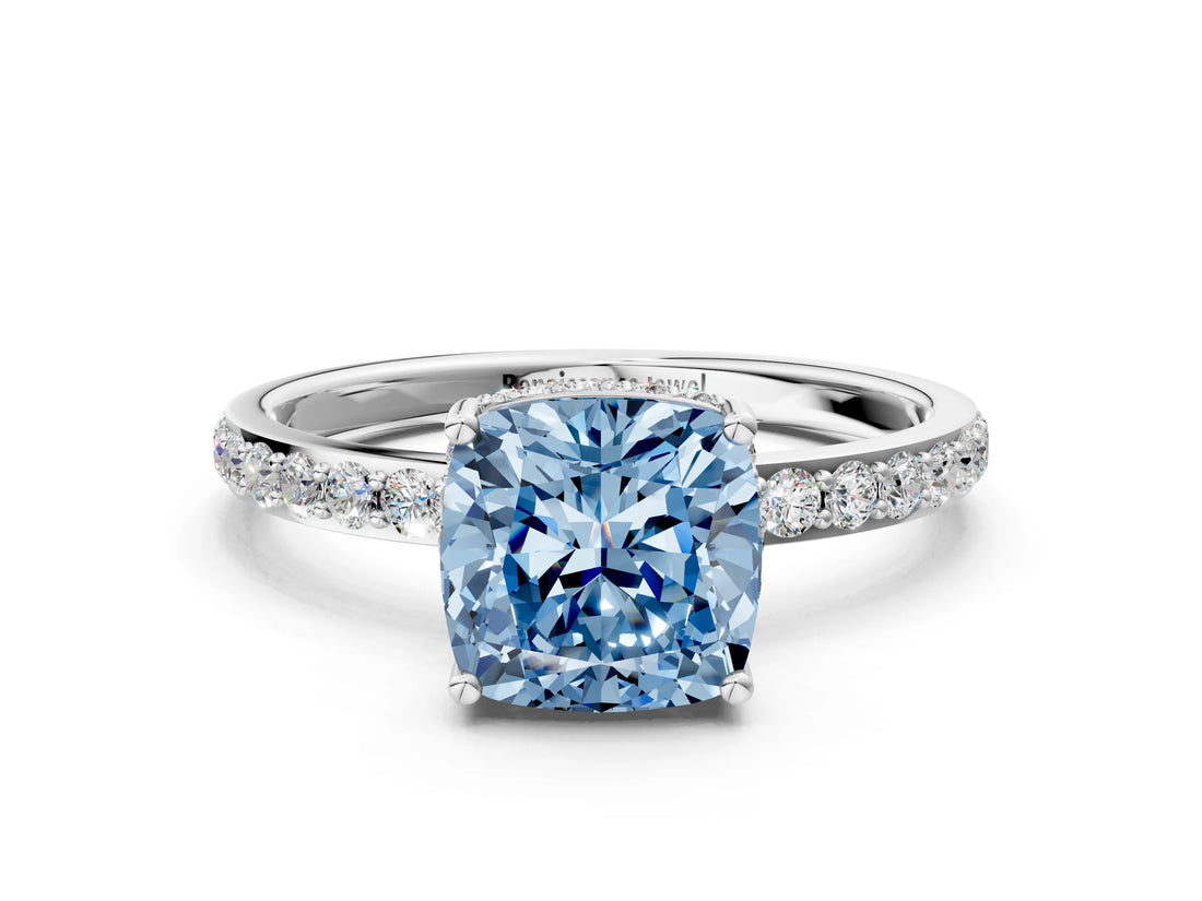 White gold Fancy Blue Cushion Cut Diamond Solitaire Ring with Pavé Band and Hidden Halo_31
