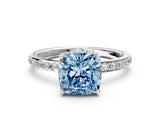 White gold Fancy Blue Cushion Cut Diamond Solitaire Ring with Pavé Band and Hidden Halo_32