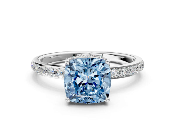 Platinum Fancy Blue Cushion Cut Diamond Solitaire Ring with Pavé Band and Hidden Halo