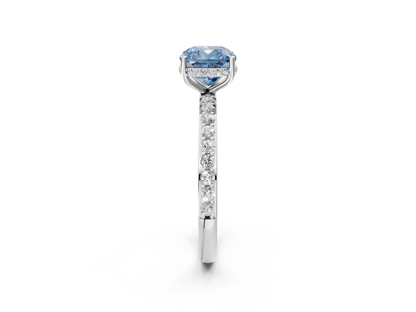 Platinum Fancy Blue Cushion Cut Diamond Solitaire Ring with Pavé Band and Hidden Halo