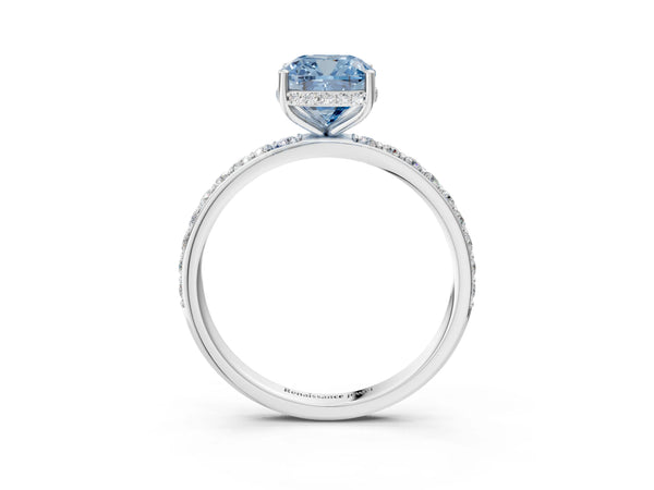 Platinum Fancy Blue Cushion Cut Diamond Solitaire Ring with Pavé Band and Hidden Halo