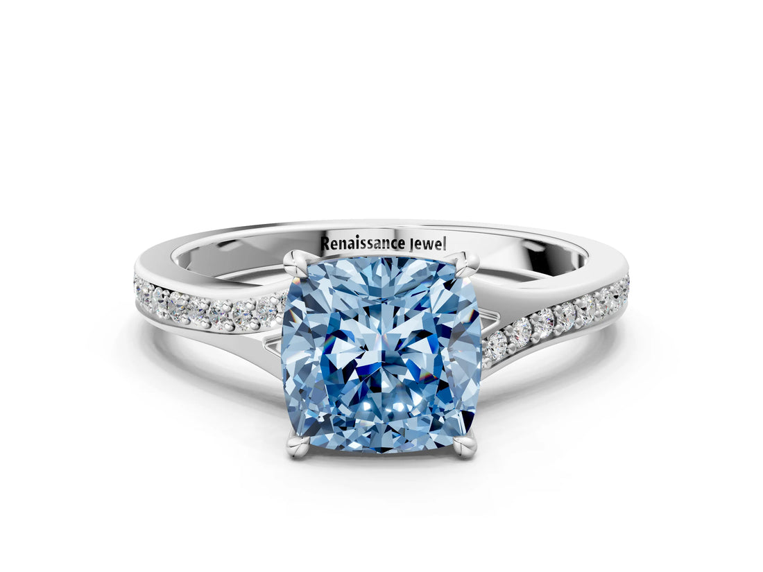 White gold Fancy Blue Cushion Cut Diamond Solitaire Ring with Pavé Band and Prong Setting_24
