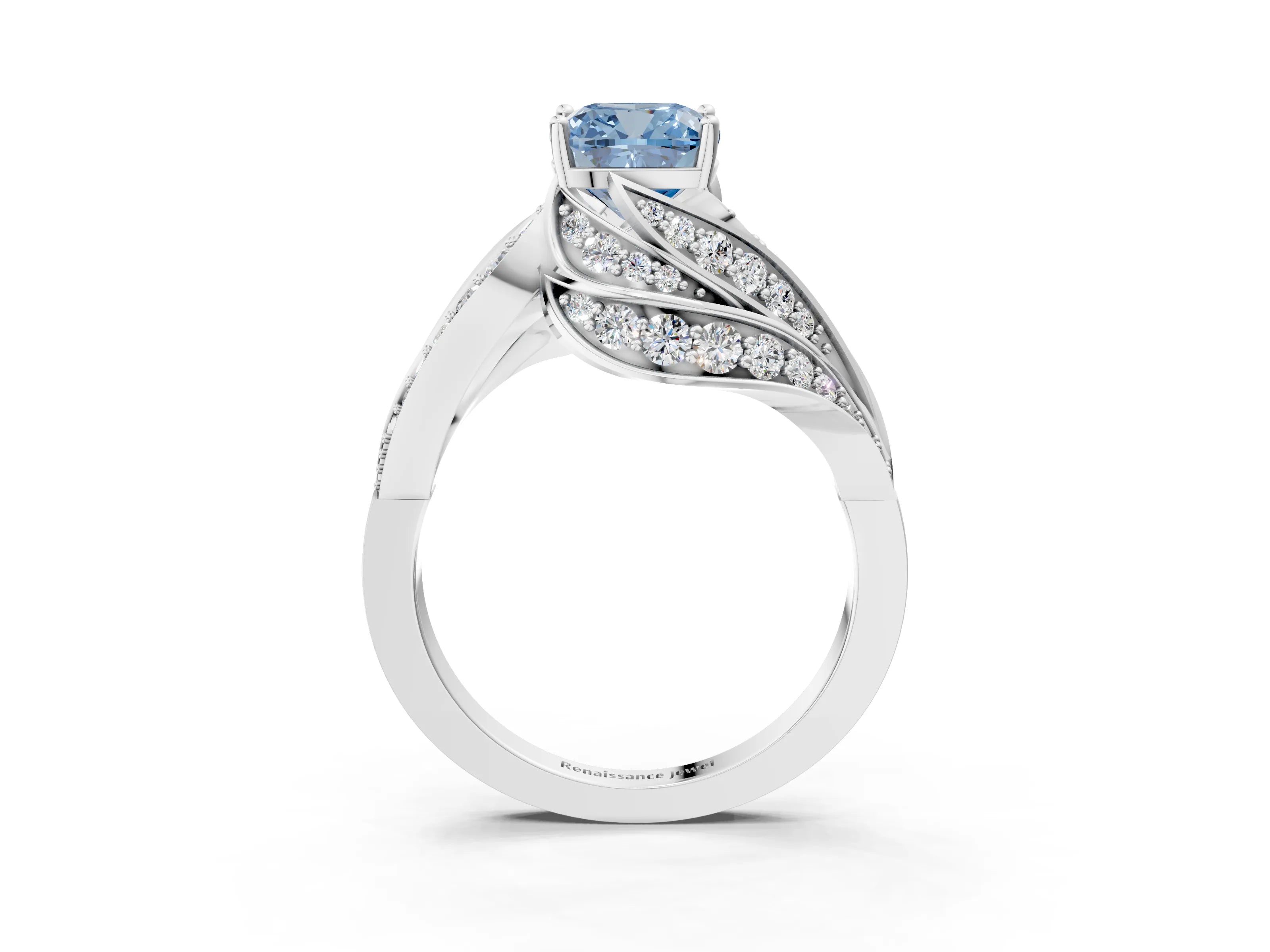 White gold Fancy Blue Cushion Cut Diamond Solitaire Ring with Prong Setting and Twisted Pavé Band_15