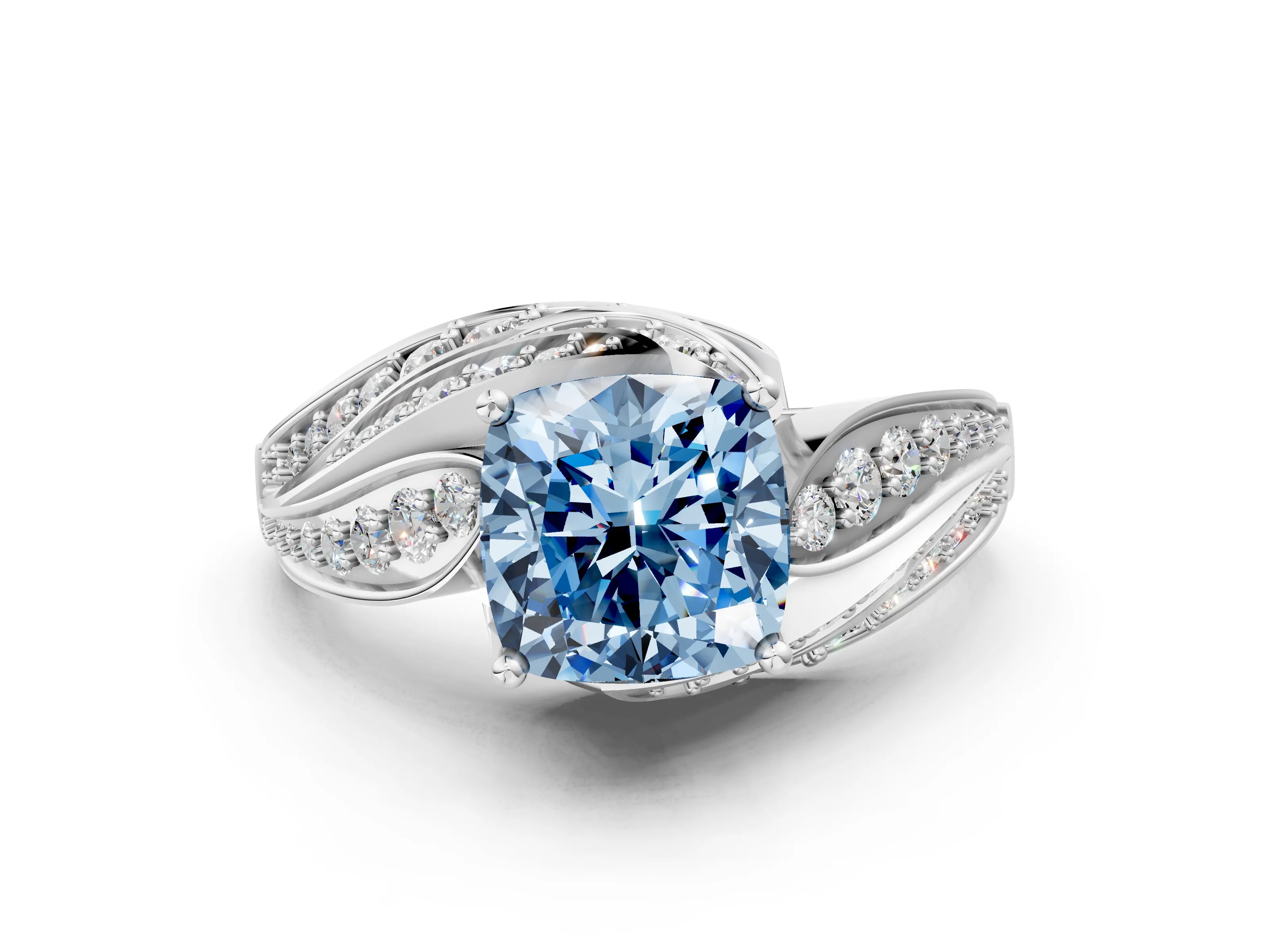 White gold Fancy Blue Cushion Cut Diamond Solitaire Ring with Prong Setting and Twisted Pavé Band_18