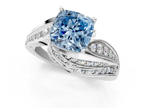 White gold Fancy Blue Cushion Cut Diamond Solitaire Ring with Prong Setting and Twisted Pavé Band_1